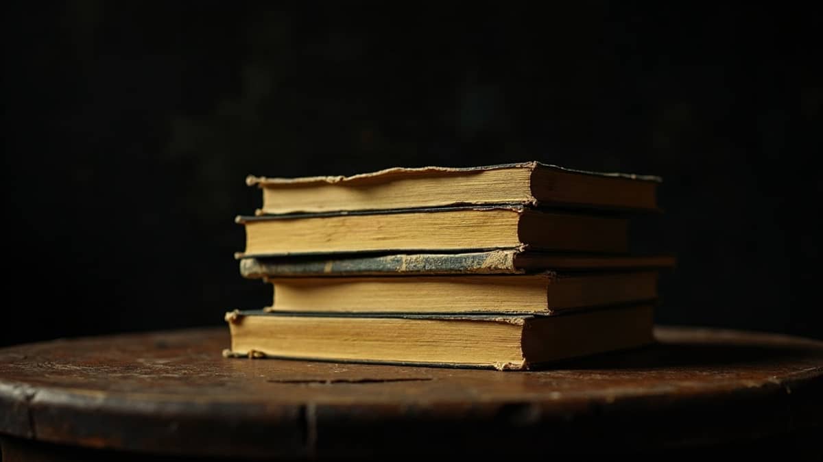 A stack of yellowed paperbacks on a dark table, lit by one hard side light